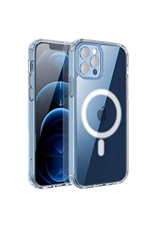 Apple iPhone 12 Pro Max Uyumlu Kılıf Magsafe Şarj Özellikli Şeffaf Sert PC Embos Kapak
