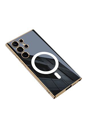 Samsung Galaxy S23 Ultra Uyumlu Kılıf Wireless Şarj Özellikli Kenarları Elektroplating Kaplama Aynalı Kent Kapak Siyah