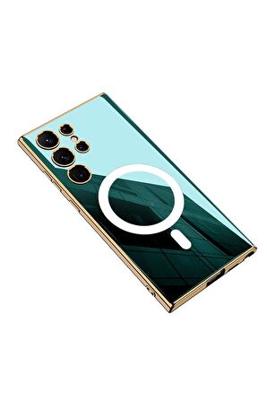 Samsung Galaxy S23 Ultra Uyumlu Kılıf Wireless Şarj Özellikli Kenarları Elektroplating Kaplama Aynalı Kent Kapak Yeşil