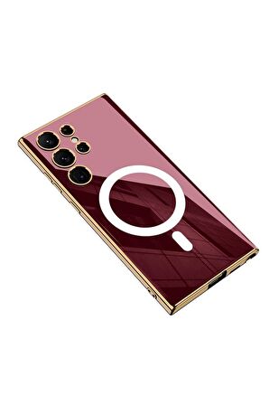 Samsung Galaxy S23 Ultra Uyumlu Kılıf Wireless Şarj Özellikli Kenarları Elektroplating Kaplama Aynalı Kent Kapak Koyu Kırmızı
