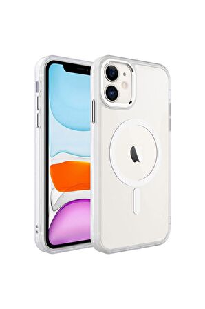 Apple iPhone 11 Uyumlu Kılıf Wireless Şarj Özellikli Krom Magsafe Silikon Kapak Renksiz