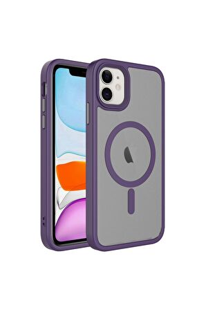 Apple iPhone 11 Uyumlu Kılıf Mat Arka Yüzey Wireless Şarj Özellikli Flet Magsafe Kapak Derin Mor