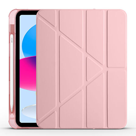 Apple iPad 10.9 2022(10.Nesil) Uyumlu Tablet Kılıf Tri Folding Kalem Bölmeli Kılıf Rose Gold