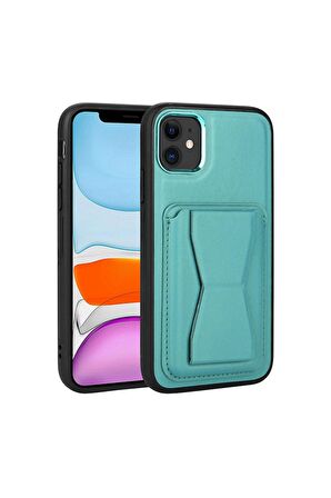 Apple iPhone 11 Uyumlu Kılıf Kartlıklı Standlı Pu Deri Memo Kapak Mavi