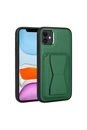 Apple iPhone 11 Uyumlu Kılıf Kartlıklı Standlı Pu Deri Memo Kapak Koyu Yeşil