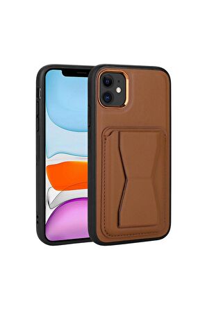 Apple iPhone 11 Uyumlu Kılıf Kartlıklı Standlı Pu Deri Memo Kapak Kahverengi