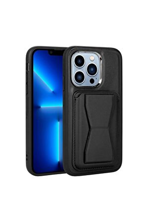 Apple iPhone 12 Pro Max Uyumlu Kılıf Kartlıklı Standlı Pu Deri Memo Kapak Siyah