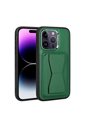 Apple iPhone 14 Pro Max Uyumlu Kılıf Kartlıklı Standlı Pu Deri Memo Kapak Koyu Yeşil