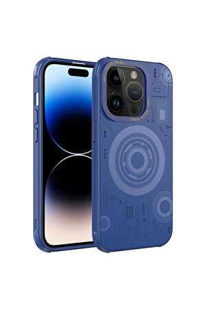 Apple iPhone 14 Pro Uyumlu Kılıf Wireless Şarj Özellikli Desenli Hot Kapak Lacivert