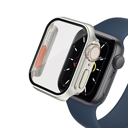 Apple Watch 45 Mm - Watch Ultra 49 Mm Uyumlu Dönüştürücü Kasa & Ekran Koruyucu Tam Koruma Kapak Gümüş