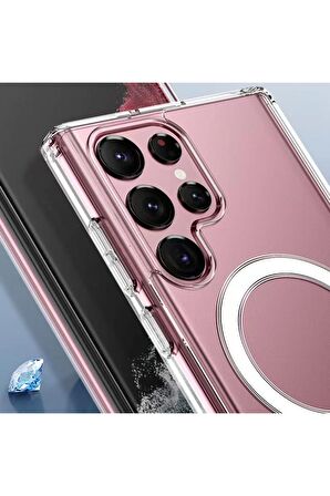 Samsung Galaxy S22 Ultra Uyumlu Kılıf Magsafe Şarj Özellikli Şeffaf Sert PC Embos Kapak