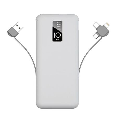 PW-05 Hızlı Şarj Led Göstergeli Micro Lightning Type-C Kablolu Taşınabilir Powerbank 10000mAh Beyaz