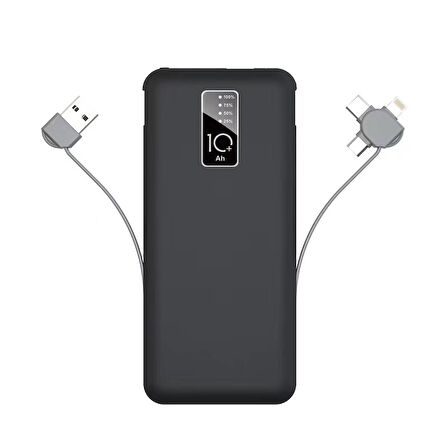 PW-05 Hızlı Şarj Led Göstergeli Micro Lightning Type-C Kablolu Taşınabilir Powerbank 10000mAh Siyah