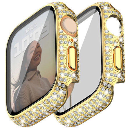 Apple Watch 45 Mm Uyumlu Ekran Koruyucu & Kasa Korumalı Taşlı Luxury Şık Tasarım Koruyucu Gold
