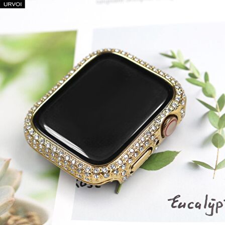 Apple Watch 45 Mm Uyumlu Ekran Koruyucu & Kasa Korumalı Taşlı Luxury Şık Tasarım Koruyucu Gold