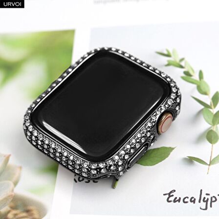 Apple Watch 45 Mm Uyumlu Ekran Koruyucu & Kasa Korumalı Taşlı Luxury Şık Tasarım Koruyucu Siyah