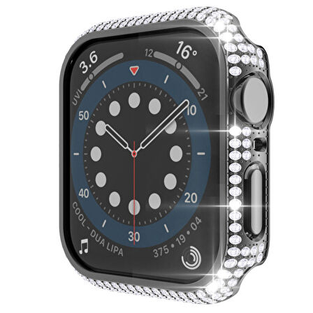 Apple Watch 45 Mm Uyumlu Ekran Koruyucu & Kasa Korumalı Taşlı Luxury Şık Tasarım Koruyucu Siyah