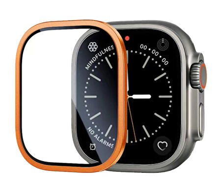 Apple Watch Ultra 49 Mm Uyumlu ALM-01 Metal Çerçeveli Ekran Koruyucu Turuncu