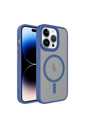 Apple iPhone 13 Pro Uyumlu Kılıf Mat Arka Yüzey Wireless Şarj Özellikli Flet Magsafe Kapak Mavi