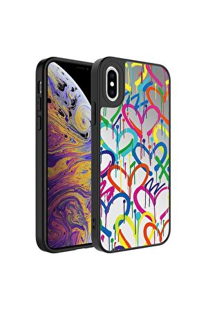 Apple iPhone X Uyumlu Kılıf Aynalı Desenli Kamera Korumalı Parlak Mirror Kapak Kalp