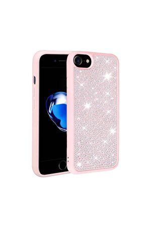 Apple iPhone SE 2022 Uyumlu Kılıf Parlak Taşlı Tasarım Ston Kapak Pembe