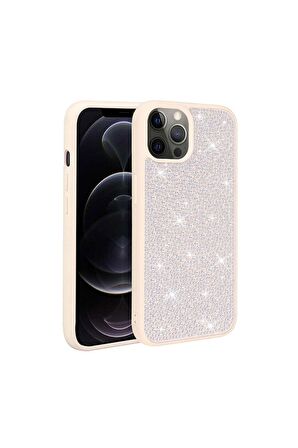Apple iPhone 12 Pro Max Uyumlu Kılıf Parlak Taşlı Tasarım Ston Kapak Beyaz