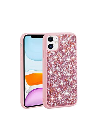 Apple iPhone 11 Uyumlu Kılıf Parlak Taşlı Tasarım Linea Kapak Pembe