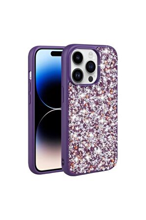 Apple iPhone 14 Pro Uyumlu Kılıf Parlak Taşlı Tasarım Linea Kapak Derin Mor