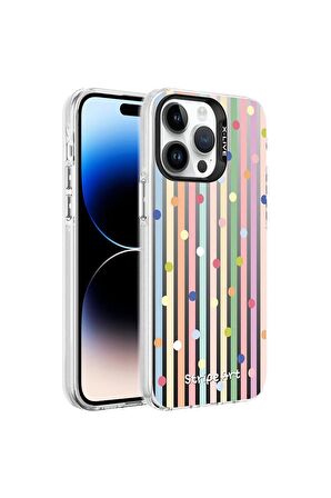 Apple iPhone 14 Pro Uyumlu Kılıf Desenli Silver Sert Kapak Noktalar