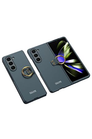 Samsung Galaxy Z Fold 5 Uyumlu Kılıf Kıpta Yüzüklü Flip Sert Kapak Koyu Yeşil