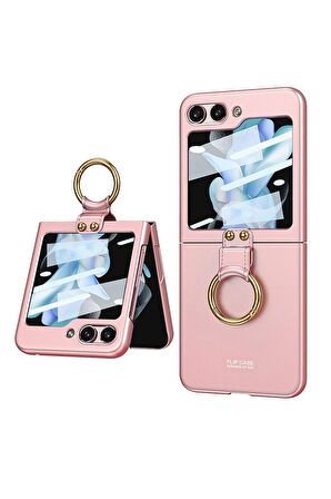 Samsung Galaxy Z Flip 5 Uyumlu Kılıf Kıpta Yüzüklü Flip Sert Kapak Pembe