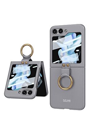 Samsung Galaxy Z Flip 5 Uyumlu Kılıf Kıpta Yüzüklü Flip Sert Kapak Gri