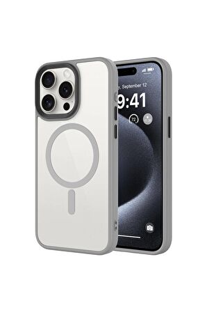 Apple iPhone 15 Pro Max Uyumlu Kılıf Mat Arka Yüzey Wireless Şarj Özellikli Flet Magsafe Kapak Titanyum