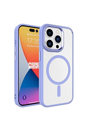 Apple iPhone 15 Pro Uyumlu Kılıf Wireless Şarj Özellikli Krom Magsafe Silikon Kapak Lila