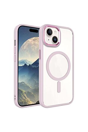 Apple iPhone 15 Uyumlu Kılıf Wireless Şarj Özellikli Krom Magsafe Silikon Kapak Pembe Açık