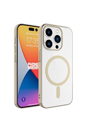 Apple iPhone 15 Pro Max Uyumlu Kılıf Wireless Şarj Özellikli Pixel Magsafe Kapak Gold