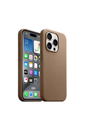 Apple iPhone 15 Pro Max Uyumlu Kılıf Magsafe Şarj Özellikli Mikro Fiber Optimal Kapak Kahverengi