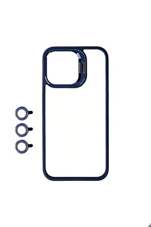 Apple iPhone 15 Pro Max Uyumlu Kılıf Kamera Lens Korumalı Standlı Klon Lensli Kapak Lacivert