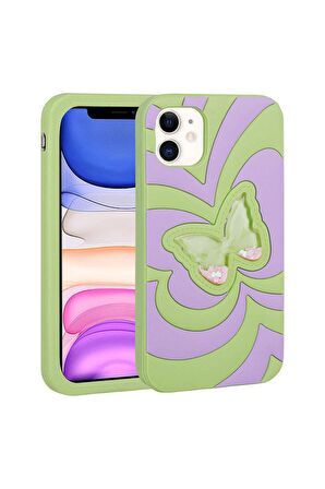 Apple iPhone 11 Uyumlu Kılıf Sıvılı Simli Kelebekli Tasarım Vodena Kapak Yeşil