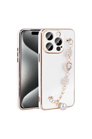 Apple iPhone 15 Pro Max Uyumlu Kılıf El Tutamaçlı Kamera Korumalı Taka Silikon Kapak Beyaz