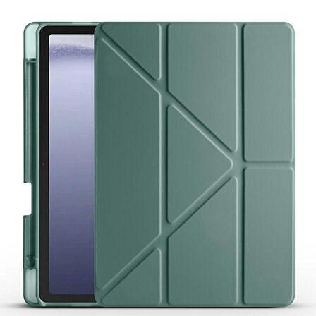 Samsung Galaxy Tab A9 Uyumlu Tablet Kılıfı Tri Folding Kalem Bölmeli Standlı Kılıf Koyu Yeşil
