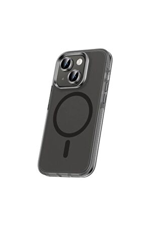 Apple iPhone 15 Uyumlu Kılıf Airbagli Magsafe Wireless Şarj Özellikli Lens Koruyuculu Klaptika Kapak Siyah