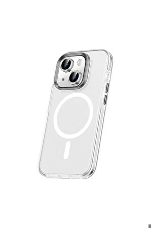 Apple iPhone 15 Plus Uyumlu Kılıf Airbagli Magsafe Wireless Şarj Özellikli Lens Koruyuculu Klaptika Kapak Renksiz