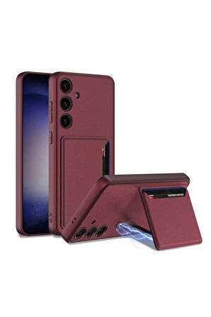 Samsung Galaxy S24 Uyumlu Suni Deri Arka Yüzey Kartlıklı Kıpta Silikon Kapak Mürdüm
