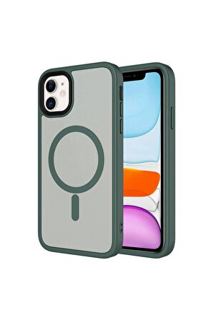 Apple iPhone 11 Uyumlu Kılıf Mat Arka Yüzey Wireless Şarj Özellikli Flet Magsafe Kapak Koyu Yeşil