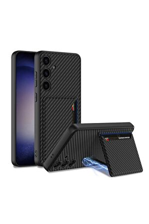 Samsung Galaxy S24 Uyumlu Suni Deri Arka Yüzey Kartlıklı Kıpta Silikon Kapak Siyah Karbon