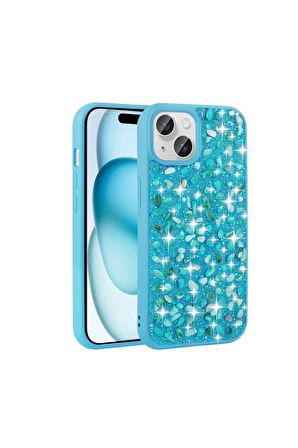 Apple iPhone 15 Plus Uyumlu Kılıf Parlak Taşlı Tasarım Linea Kapak Mavi Açık