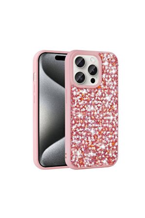 Apple iPhone 15 Pro Max Uyumlu Kılıf Parlak Taşlı Tasarım Linea Kapak Pembe