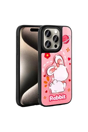 Apple iPhone 15 Pro Max Uyumlu Kılıf Parlayan Kabartmalı İkonik Figürlü Amas Silikon Kapak Pembe