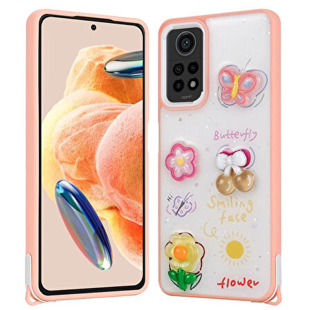 Xiaomi Redmi Note 12 Pro 4G Uyumlu Kılıf Parlayan Sıvılı Simli Kabartma Figürlü Cevze Kapak Pembe